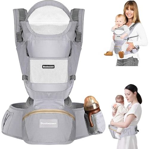 Baby Carrier with Hip Seat, Ergonomic M Position 6-in-1 Baby Carrier Newborns to Toddlers, Adjustable Baby Holder Carrier, All Seasons(Grey)