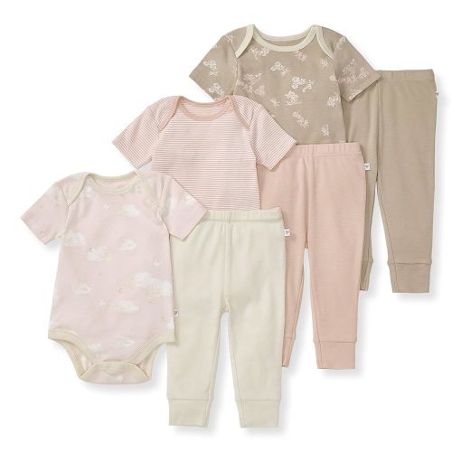 Burt's Bees Baby Unisex Baby 6-Piece Bodysuit and Pant Set, 100% Organic Cotton Infant Outfit Baby Essentials