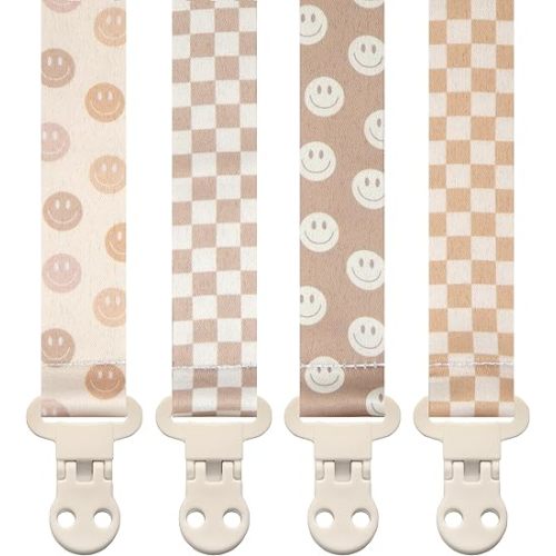 Baby Pacifier Clip Holder - Girl or Boy Unisex 4 Pack Gift Set - Retro Checker and Smiley Faces Design
