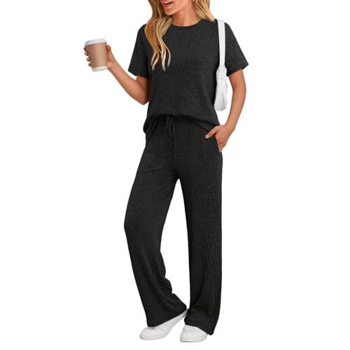 LILLUSORY 2 Piece Lounge Sets for Women Summer Vacation Outfits Matching Casual Wide Leg Pants Sets Ribbed Knit Pajamas 2025