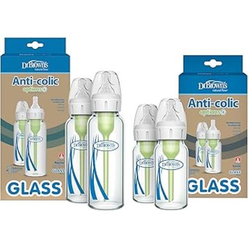 Dr. Brown's Natural Flow Anti-Colic Options+ Narrow Glass Baby Bottles, Made in The USA, BPA Free, 8oz and 4oz, 0m+, 4-Pack