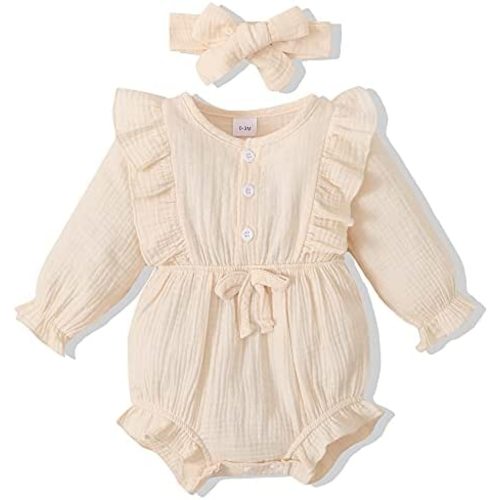 Renotemy Newborn Infant Baby Girl Clothes Cotton Linen Rompers Solid Ruffle Jumpsuits Infant Baby Clothes Girl