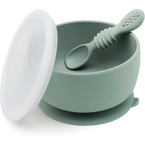 SAMiGO Baby Bowl and Spoon Set with Suction and Lid, Silicone Baby Food Bowl, First Stage Baby Feeding Set, Self Feeding Essentials for 6+ Months (Forest)