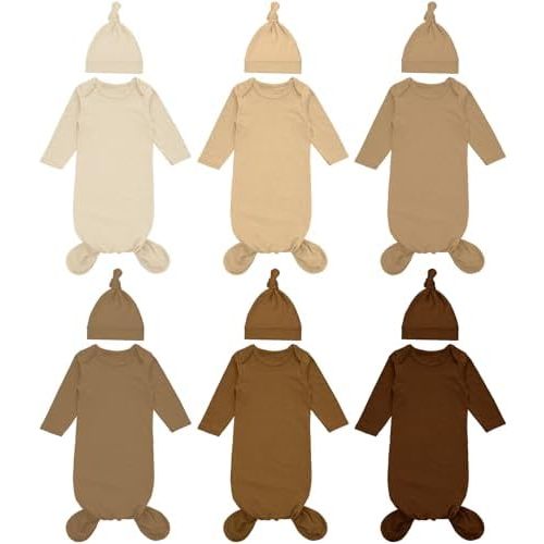 Cuffbow 6 Packs Newborn Baby Knotted Gowns Set 0-6 Months Cotton Sleeper Long Sleeve Nightgown and Hat Set for Infant Baby