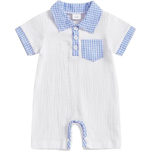 Newborn Baby Boy Summer Clothes Plaid Print Button Down Short Sleeve Lapel Romper One Piece Jumpsuit Cute Outfits