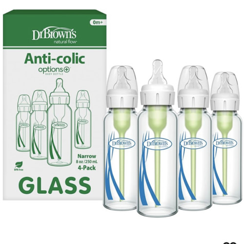 Dr. Brown's Anti-Colic Options+ Narrow Glass Baby Bottle with Level 1 Slow Flow Nipple, BPA-Free, 8 oz/250 mL, 4-Pack