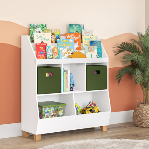Catch-All Kids Multi-Cubby 35in Toy Organizer with Bookrack - White