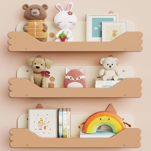 Nursery Floating Shelves, 16.5 Inches Cute Decorative Shelf for Bedroom, Kids' Room, Wall Mounted Wood Bookshelf Organizer for Wall Storage, White/Sandy Beige, Set of 3