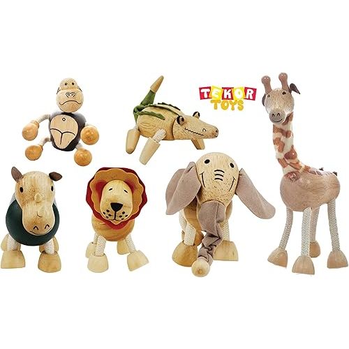 TEKOR Safari Wooden Animals (Set of 6) | Toy for Toddlers. Includes a Lion, Alligator, Rhino, Giraffe, Elephant, Gorilla. Smooth Wood, Bendable Legs, Child Friendly.