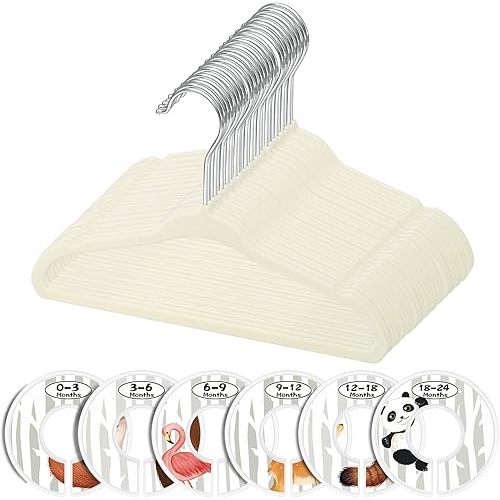 Minnebaby Velvet Baby Hangers, Pack of 30 with 6 Pcs Clothing Dividers, Beige