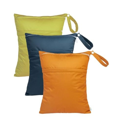 babygoal Wet Dry Bags 3 Pack for Baby Cloth Diapers, Washable Travel Bags, Beach, Pool, Gym Bag for Swimsuits & Wet Clothes with Two Zippered Pockets 3LN29