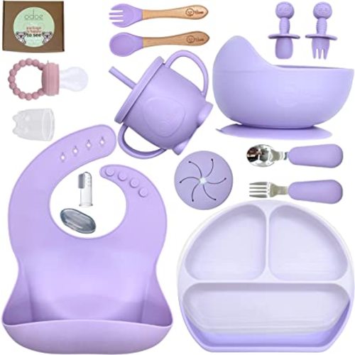 o'doe Baby Led Weaning Feeding Supplies for Toddlers, Baby Feeding Set 17 Pcs | Suction Silicone Baby Bowl Self Eating with Fruit Feeder, Cup, Bibs, Food Plate Kit with Lid | Purple V2