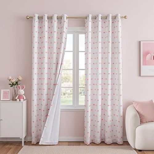 MEETSKY Pink Blackout Curtains for Girls Bedroom,Pom Pom Curtains 50x84 in