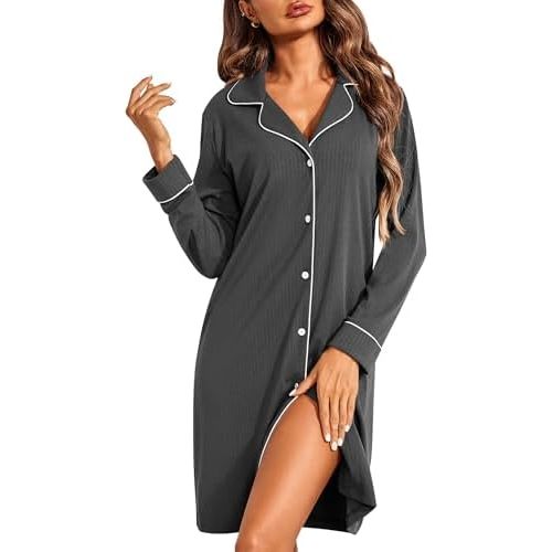 Ekouaer Womens Long Sleeve Nightgowns Button Down Sleep Shirts V-Neck Night Gowns Night Shirts