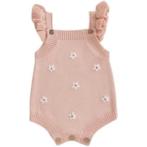 Infant Baby Girl Summer Sleeveless Strap Bubble Romper One Piece Newborn Knitted Floral Bodysuit Outfit
