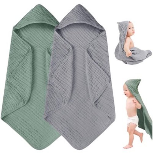 Dyues 2 Packs Hooded Baby Bath Towel for Newborn,Soft & Absorbent Muslin Cotton Baby Towels with Hood for Babies, Infant, Toddler & Kids,Green+grey,31 X 31 Inch