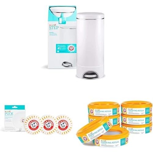 Munchkin® Step™ Diaper Pail Powered by Arm & Hammer, #1 in Odor Control, Award-Winning, Includes 1 Snap, Seal & Toss™ Bag, 8 Refill Rings, 1 Starter Refill Ring, and 4 Puck™ Baking Soda Cartridges
