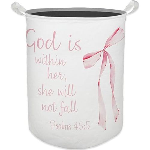 Coquette Pink Bow Christian Laundry Basket, God Is Within Her Preppy Pink Bible Verse Laundry Hamper Waterproof Collapsible Clothes Toys Storage Bin Organizer for Nursery Girl Room Bathroom