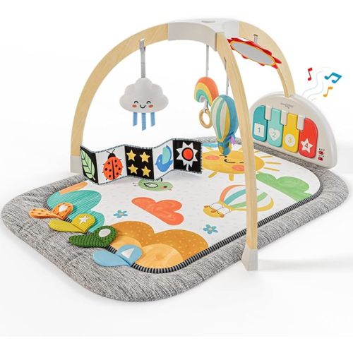 Move2Play, Montessori-Inspired Wooden Interactive Baby Play Gym | Kick & Play Piano | Thickly Padded Floor Play Mat | Tummy Time Must Have | Playmat for Newborns & Infants | Ages 0, 3, 6+ Months