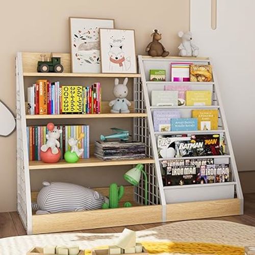 Kids Book Shelf,4 Tier Wooden Bookshelf,5 Layer Sling Children Bookcase,Toy Organizer Cabinet Chest,Book Display Shelf with Metal Frame, Nursery Playroom Classroom Library (Natural)