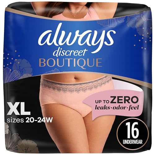 Always Discreet Boutique Adult Incontinence and Postpartum Underwear for Women, Maximum Protection, XL, Rosy, 16 Count (Packaging May Vary)