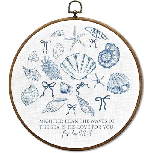 JUIOEIU Christian Preppy Beach Round Wall Decor, Coquette Blue Bow Coastal Seashell Bible Verse Framed Canvas Prints, Religious Beachy Wall Art Hanging Decorations for Home Bedroom Decor, 10x10in