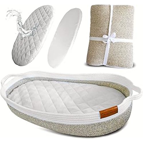 Lullababy and Co Baby Changing Basket with Two Covers – Practical Basket with Foam Pad – Cotton Rope Diaper Changing Station with Waterproof Cover - Changing Table Topper