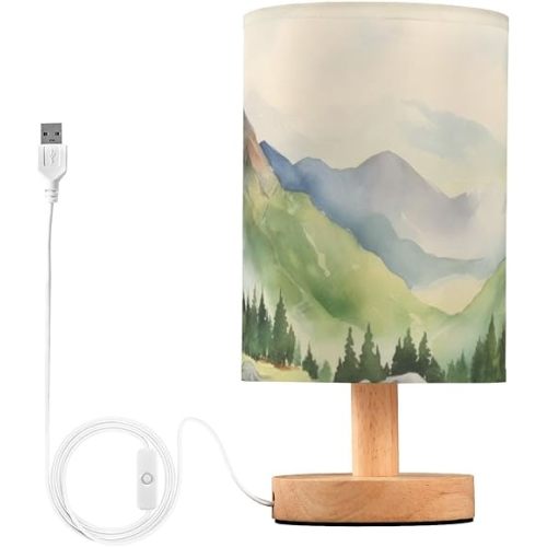 Beautiful Mountain Table Lamps Bedside Nightstand Lamp with Flaxen Fabric Shade and Wooden Base with USB (Non-Removable) for Bedroom 5.12x9.7 in