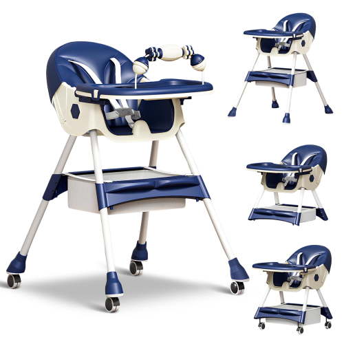 HAOUUCYIN 4-in-1 Baby High Chair, Portable Dining Chairs Eat & Play with Double-Layer Dinner Plate and Toy Rack, for 0-36 Months, Blue