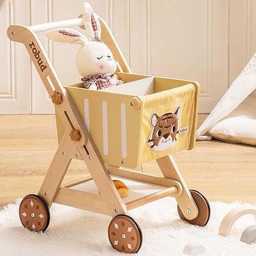 ROBUD Baby Push Walker Doll Stroller, Wooden Shopping Cart for Girls Boys, Height Adjustable Wooden Baby Walker for Kids Toddlers, Learning Walker Toys for 10 Months 1 Year Old