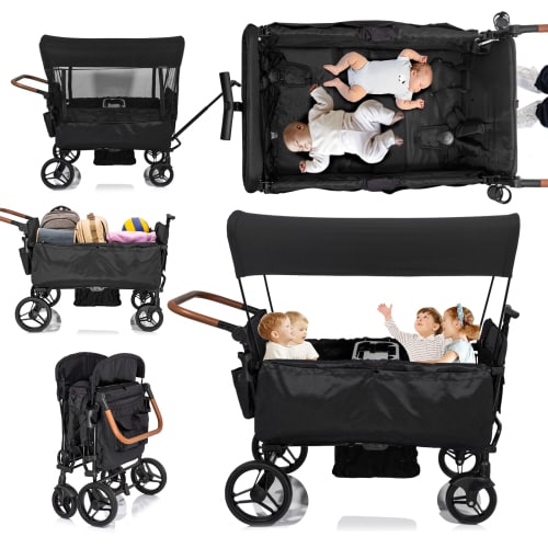 Wagon Stroller for 4 kids-Tandem Twins Travel Stroller Push-Pull Lightweight Folding Stroller for Newborn&Toddler with 5-Point Harness,Adjustable Handle Bar and Canopy,Footwells,Tray Table,Cup Holder