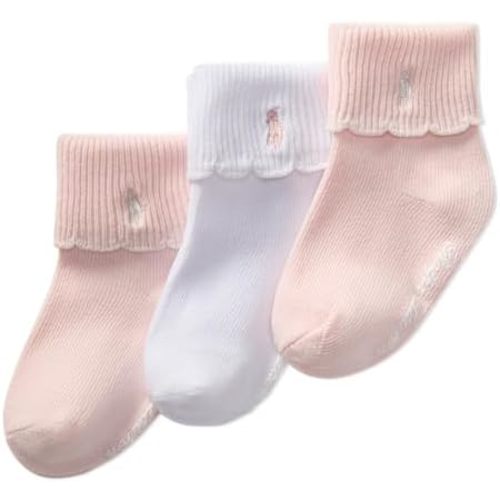 POLO RALPH LAUREN Baby Girls Scalloped Edge Turn Cuff Ankle Socks 3 Pair Pack Soft Sustainable Cotton