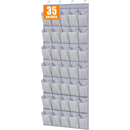 MISSLO Sturdy Oxford Shoe Organizer - 35 Large Pockets, Mesh Back, Hanging Shoe Rack for Closet Door, Grey