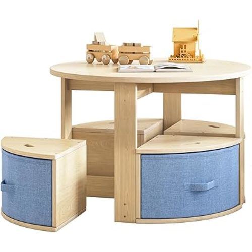 EXPERLAM Toddler Table and Chair Set, Round Kids Table and Chairs with Nesting Design, Wooden Activity Table & 4 Storage Drawers Chairs for Daycare Nursery Playroom