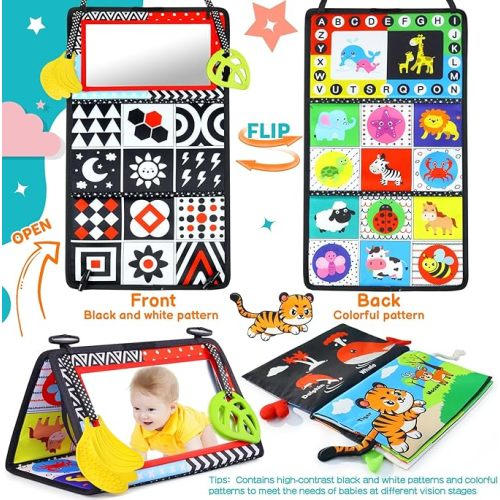 Toyvorld Tummy Time Mirror Infant Baby Toys 0 3 6 9 12 Months Newborn Toys 0 3 Months Brain Development Montessori Toys with Cloth Books & Teethers High Contrast BabyToys Boys Girls