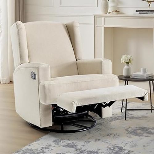 UIXE Swivel Glider Recliner Chair for Adults, Fabric High Back Accent Chair Nursery Rocker for Living Room, Upholstered Manual Reclining Sofa Seating with Deep Seat - Beach