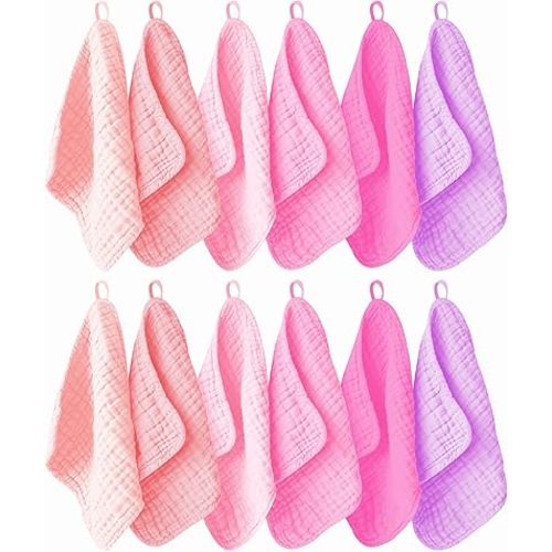 12 Pack Muslin Washcloths for Baby - 100% Cotton Baby Wash Cloths for or Baby Face Body Comfy and Soft for Newborn Infants Kids Girls and Boys - 12"x12" - Pink, Purple and Sakura Series