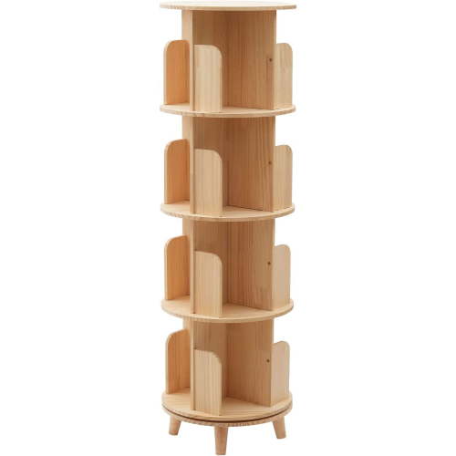 4 Tier Rotating Bookshelf Organizer Free Standing Storage Shelf Cylindrical Wood