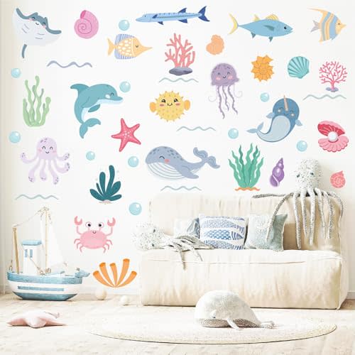 AOWDIAO 58 Pcs Ocean Animals Wall Decals - Peel and Stick Under The Sea Kids’ Room & Nursery Decor