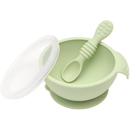 Bumkins Baby Bowl, Silicone Feeding Set with Suction for Baby and Toddler, Includes Spoon and Lid, First Feeding Set, Training Essentials for Baby Led Weaning for Babies 4 Months Up, Sage