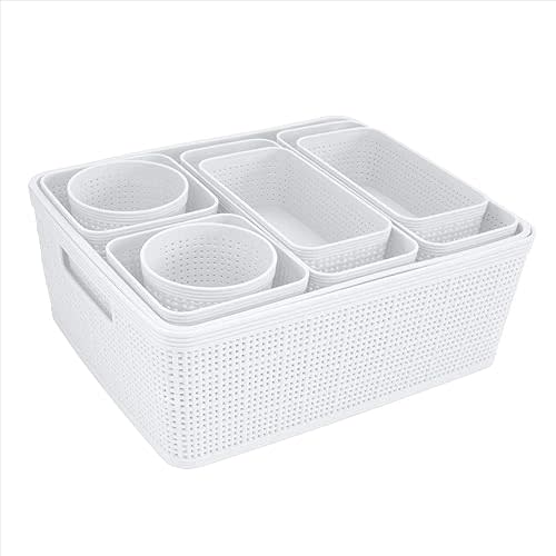 Simplify 10 Piece Organizing Set | Multiple Size Bins | Multipurpose | Office | Desk | Dorm | Bathroom | Storage Basket | Small Items | Accessories | White