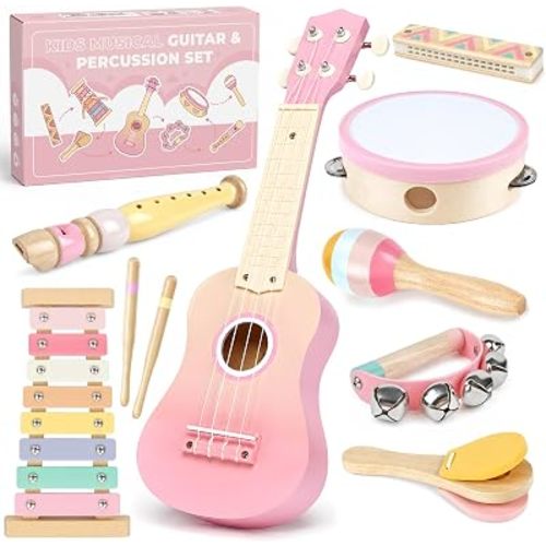 Pink Kids Guitar Set - 8 in 1 Toddler Montessori Musical Instruments