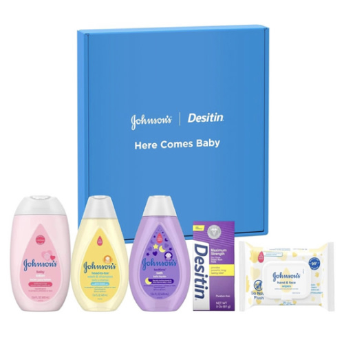 Johnson's Baby Here Comes Baby Gift Set, Baby Essentials for New Parents with Moisturizing Lotion, Bedtime Bath, Body Wash & Shampoo, Hand & Face Wipes, & Diaper Rash Cream, 5 Items