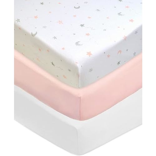 American Baby Company 3 Pack Fitted Crib Sheets 28" x 52", Soft Breathable Neutral 100% Cotton Jersey Sheet, Pink Stars/Blush/White, for Boys and Girls, Fits Crib and Toddler Bed mattresses
