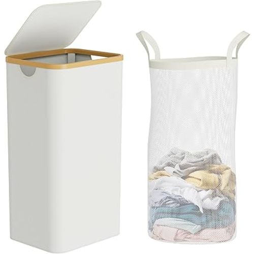 Slim Laundry Hamper with Lid,75L(19.8 Gallon) Beige Narrow Laundry Basket with Removable Bag,Stylish Dirty Clothes Basket for Bathroom,Dorm,Bedroom and Laundry Room