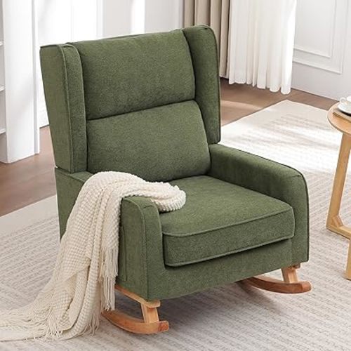 Nursery Rocking Chairs, Rocking Chair Nursery for Mom Nursery Rocker with High Backrest and Solid Wood Legs, Modern Wingback Accent Rocking Chair for Reading Living Room Bedroom Green