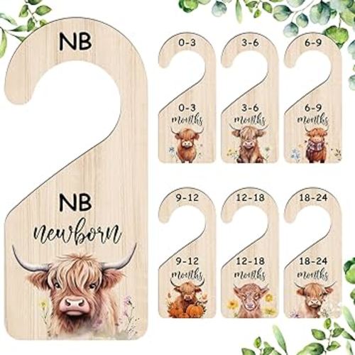 7 Pcs Highland Cow Baby Closet Dividers Double Sided Wooden Nursery Closet Dividers for Baby Boy Girl Newborn to 24 Months Home Nursery Supplies