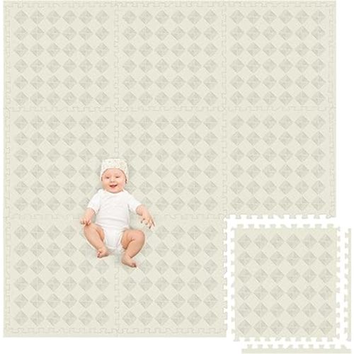 Play Non-Toxic Large Kids Play Mats for Floors, 9 Tile 72 x 72 inch - Extra-Thick Interlocking Foam Tiles, 24 x 24 in. Puzzle Mat Pieces with Border, Neutral Playmat Rug for Toddlers & Children