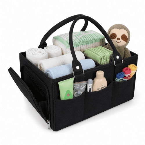 Baby Diaper Caddy Organizer for Girl Boy Large Nursery Storage Bin Basket Portable Holder Tote Bag for Changing Table and Car Baby Shower Gifts Newborn Essentials Baby Registry Must Haves Items-Black