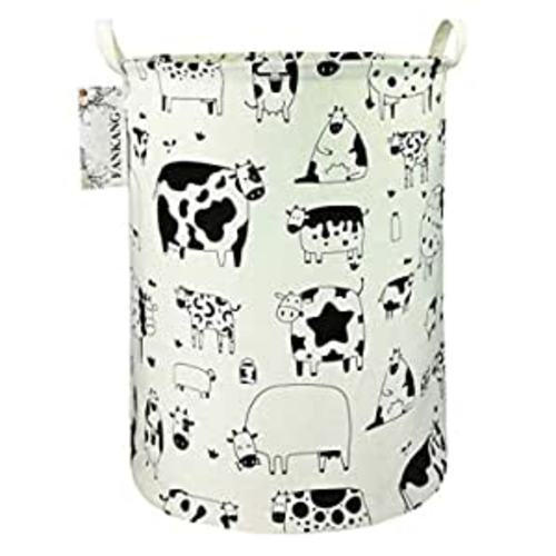 FANKANG Storage Basket, Nursery Hamper Canvas Laundry Basket Foldable with Waterproof PE Coating Large Storage Baskets for Kids Boys and Girls, Office, Bedroom, Clothes,Toys(Cows)